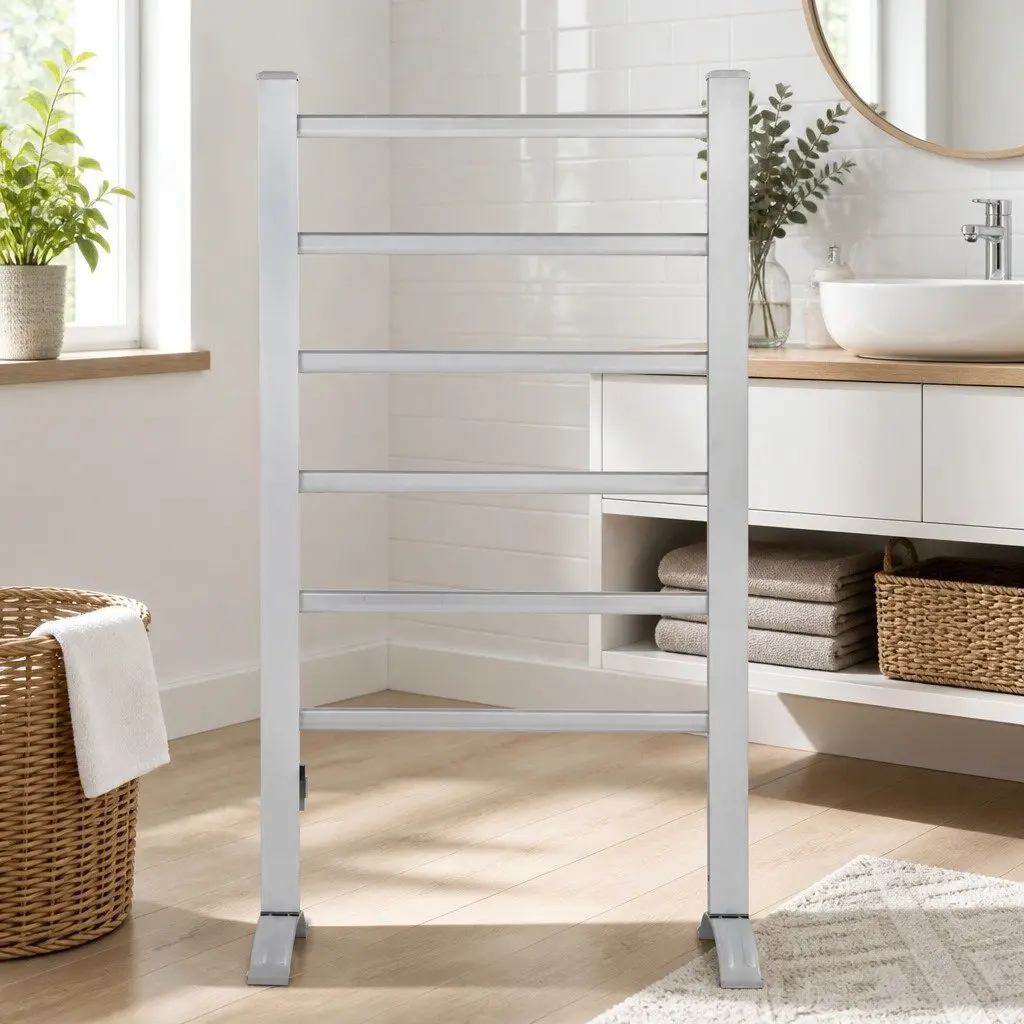 Electric Heated Towel Rail Rack Aluminium 6 Bars Freestanding Silver