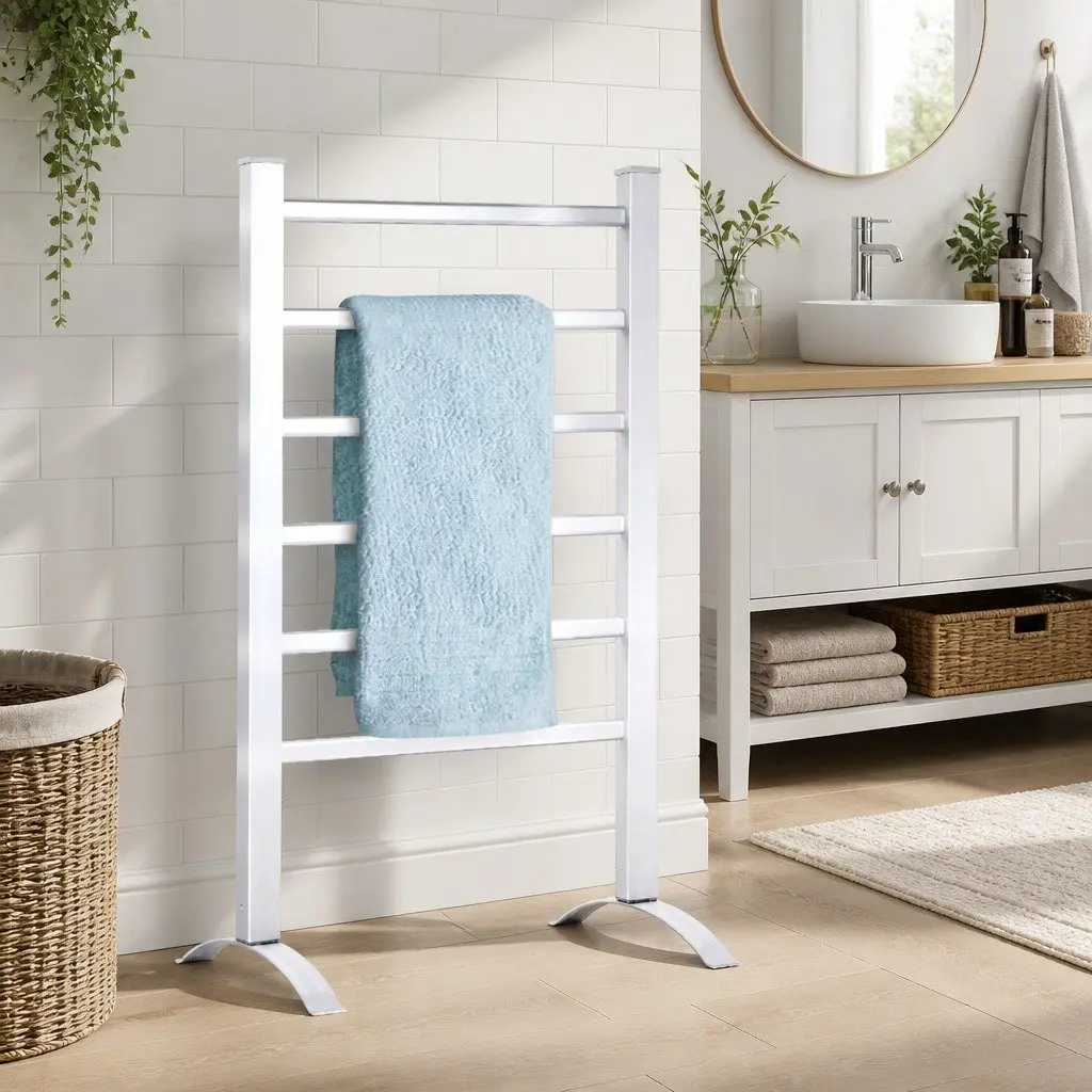Electric Heated Towel Rail Rack Aluminium 6 Bars Freestanding Silver