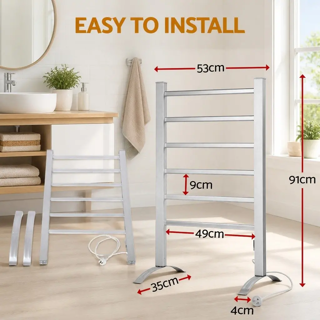 Electric Heated Towel Rail Rack Aluminium 6 Bars Freestanding Silver