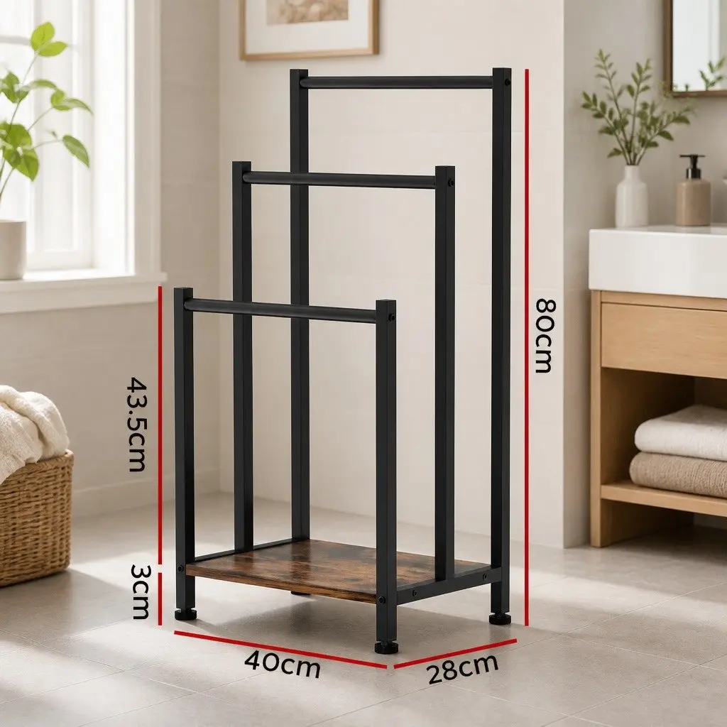 3 Tier Freestanding Towel Rack Black Metal Frame MDF Shelf Bathroom Laundry Drying Storage