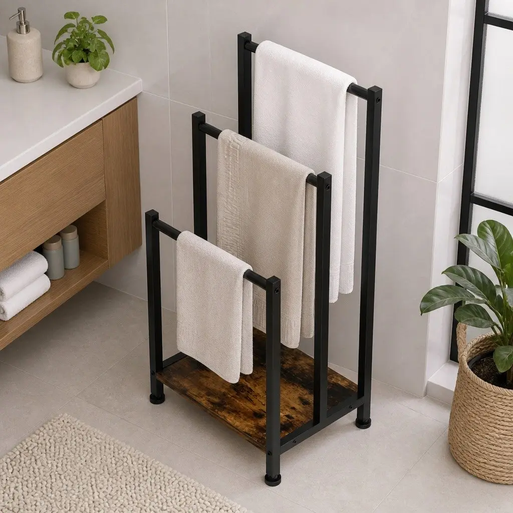 3 Tier Freestanding Towel Rack Black Metal Frame MDF Shelf Bathroom Laundry Drying Storage