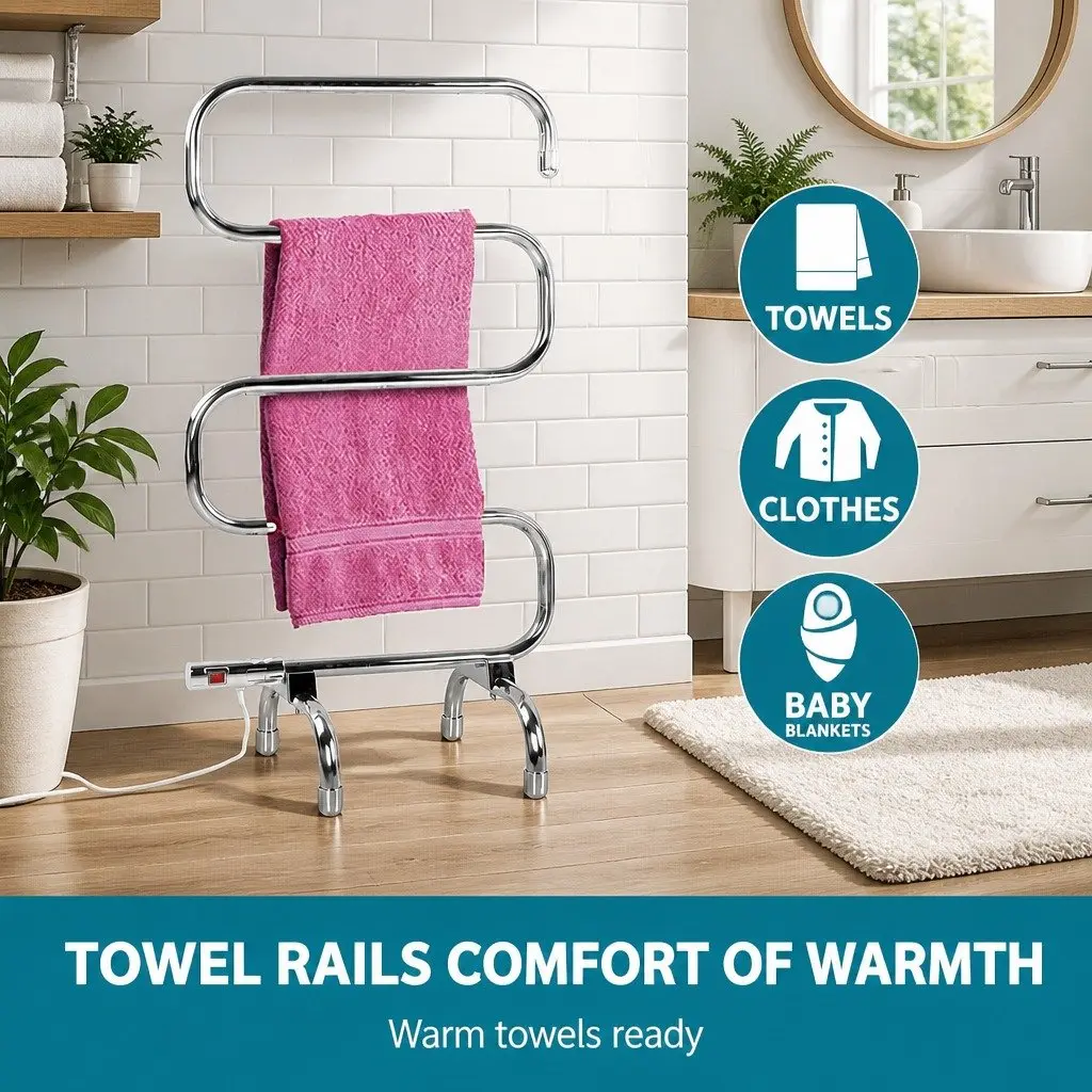 Heated Towel Rail Freestanding Silver Polished Stainless Steel 5 Bars Quick Heat 40 50 C