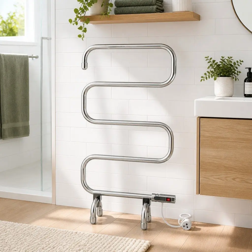 Heated Towel Rail Freestanding Silver Polished Stainless Steel 5 Bars Quick Heat 40 50 C