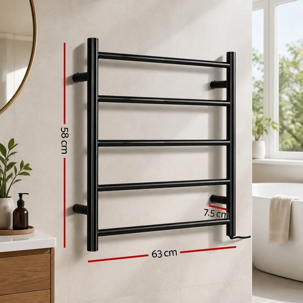 Electric Heated Towel Rail Rack Wall Mounted 5 Bars Black Powder-Coated Steel