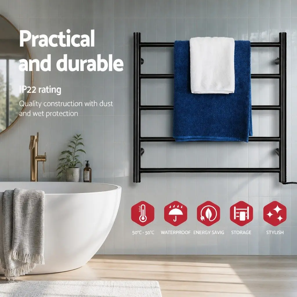 Electric Heated Towel Rail Rack Wall Mounted 5 Bars Black Powder-Coated Steel