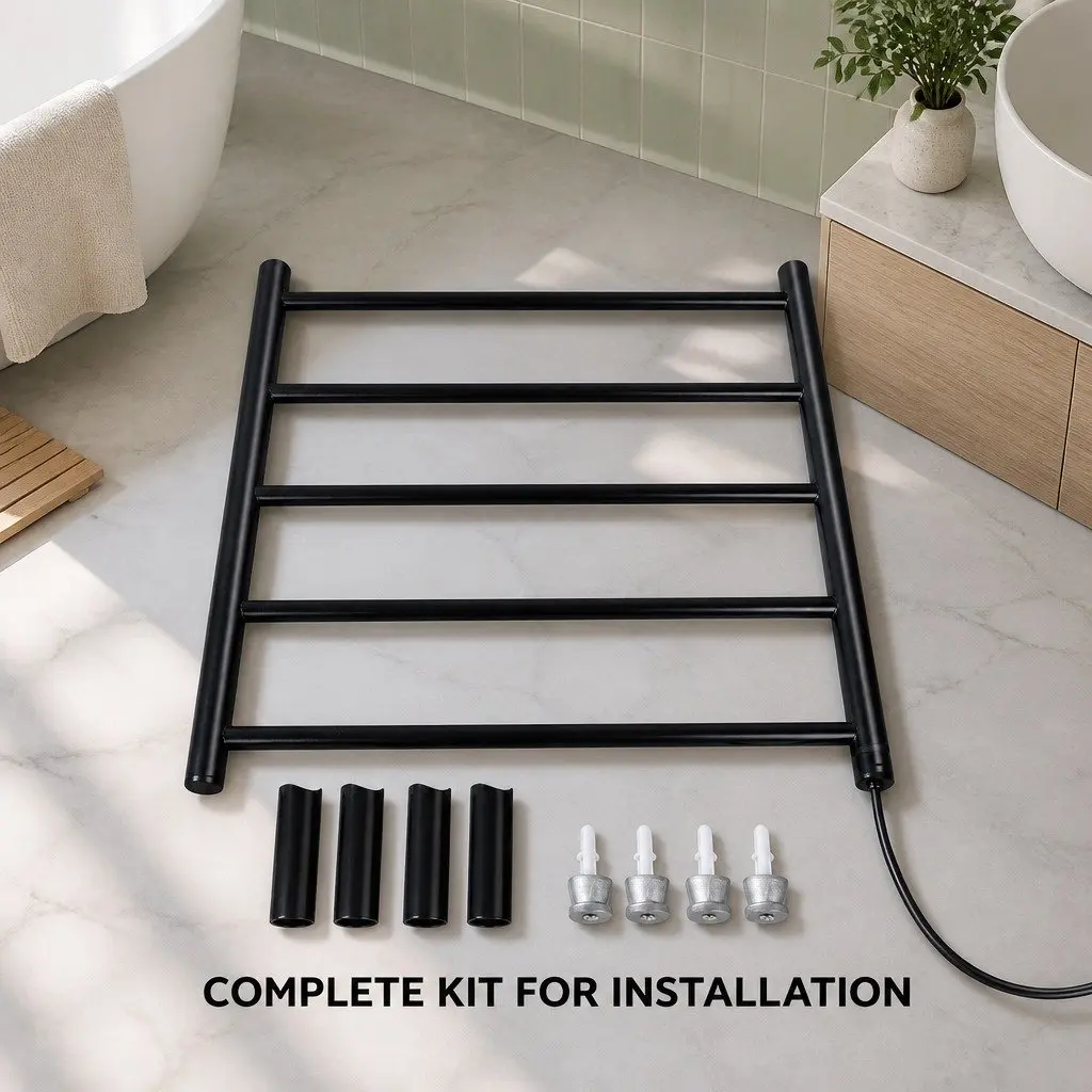 Electric Heated Towel Rail Rack Wall Mounted 5 Bars Black Powder-Coated Steel