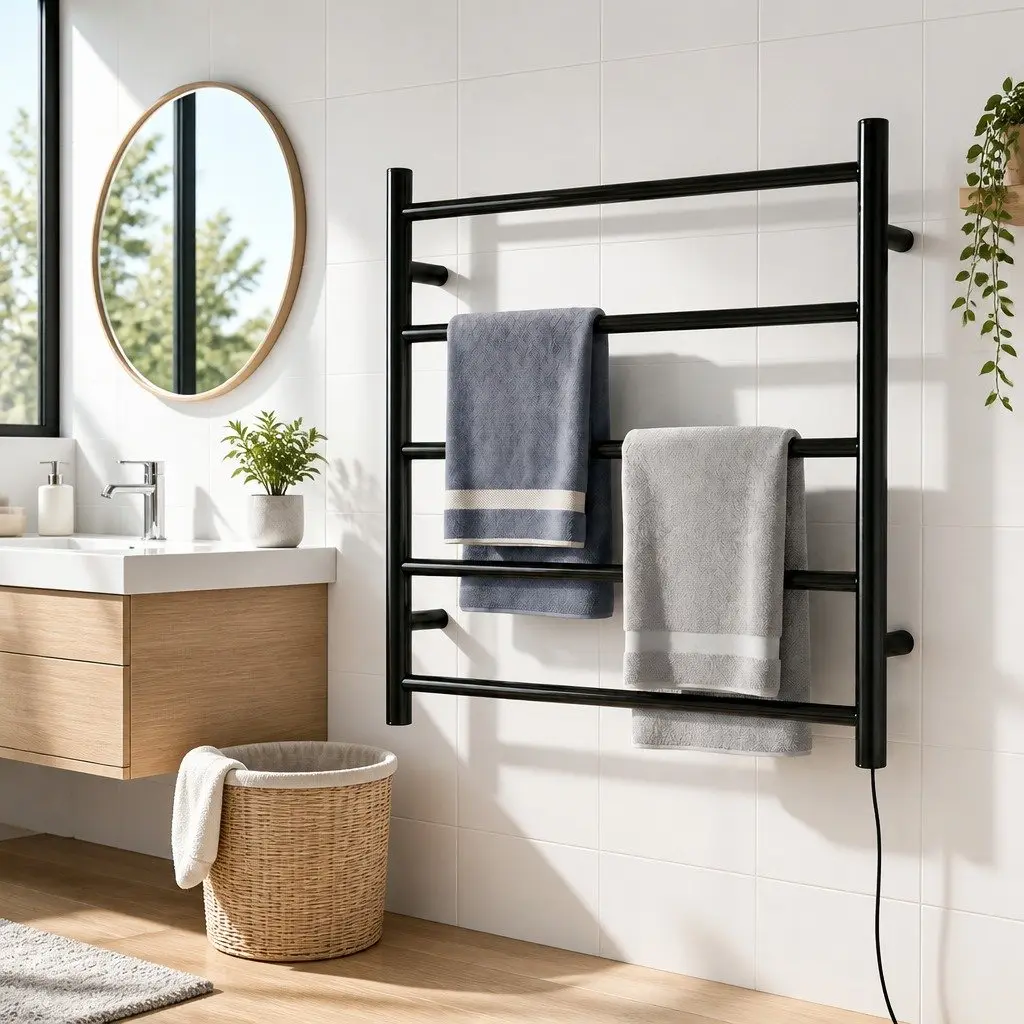 Electric Heated Towel Rail Rack Wall Mounted 5 Bars Black Powder-Coated Steel
