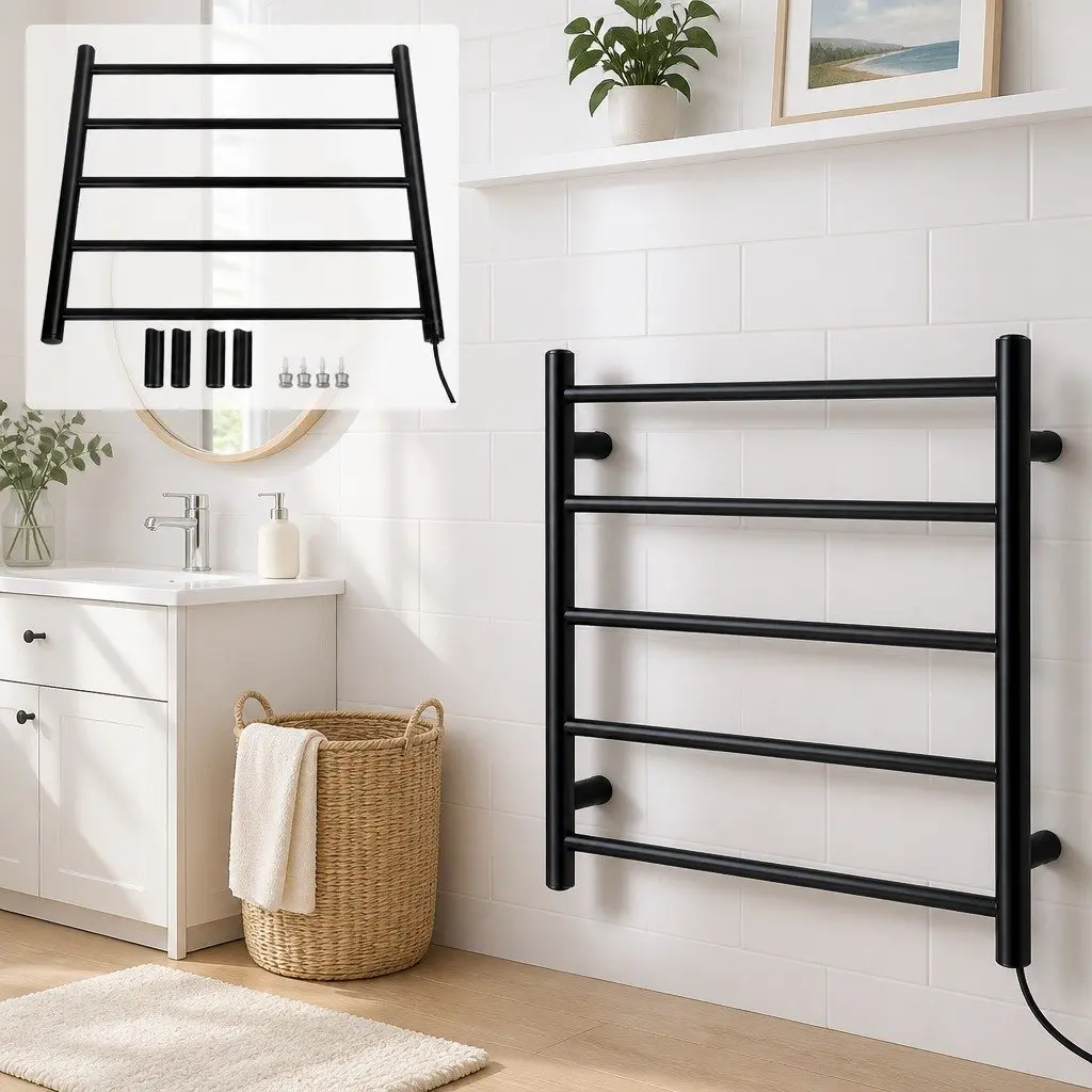Electric Heated Towel Rail Rack Wall Mounted 5 Bars Black Powder-Coated Steel