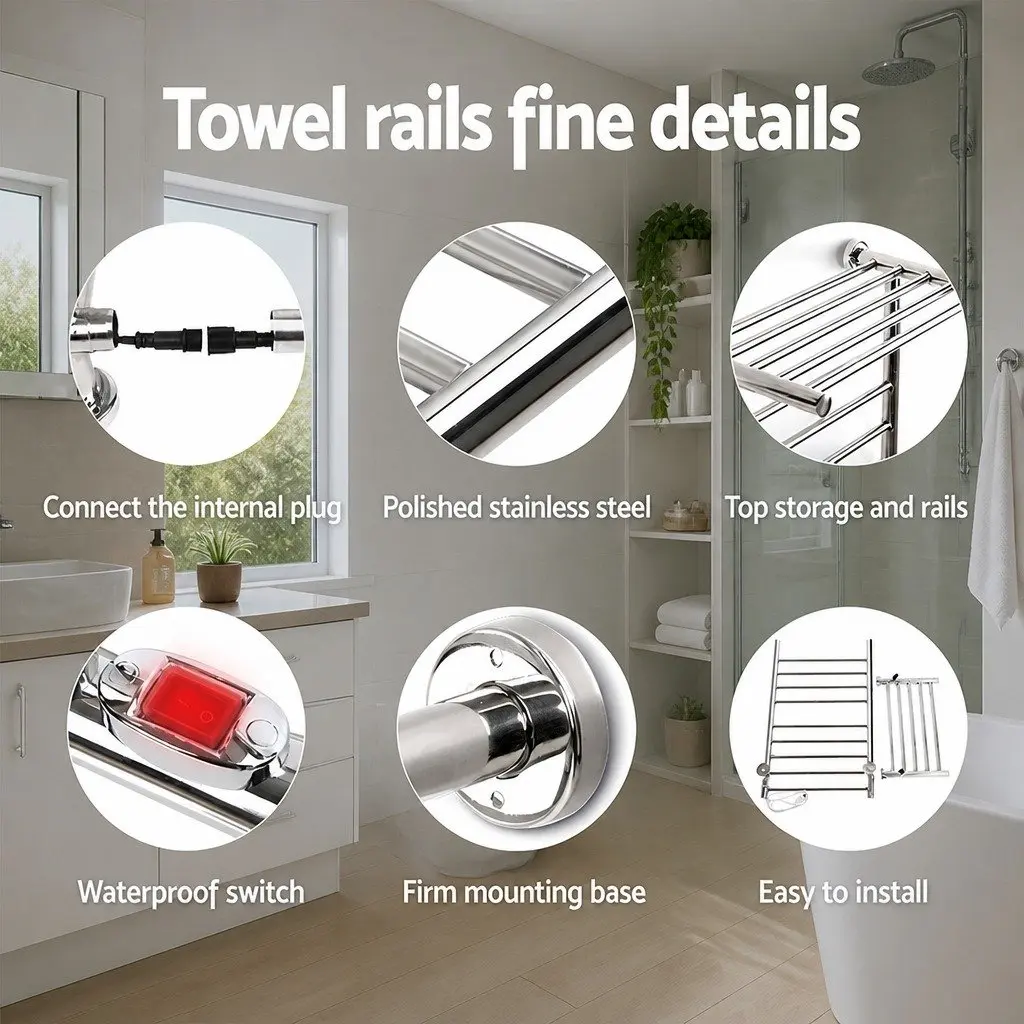 Electric Heated Towel Rail Wall Mounted Polished Stainless Steel 14 Bars Silver