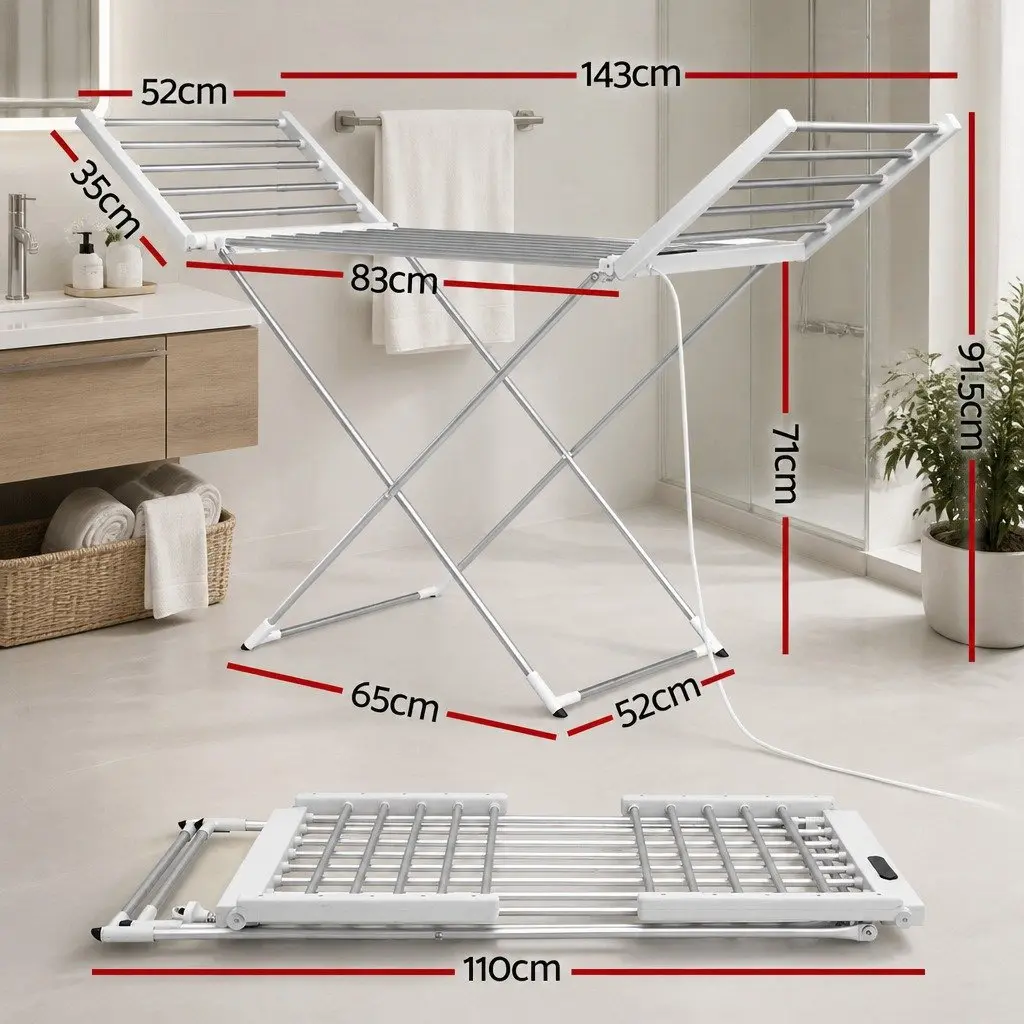 Electric Heated Towel Rail Rack Aluminum 18 Rods Silver Foldable Portable Clothes Drying Stand