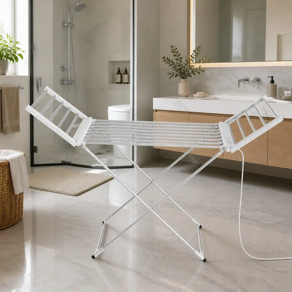 Electric Heated Towel Rail Rack Aluminum 18 Rods Silver Foldable Portable Clothes Drying Stand