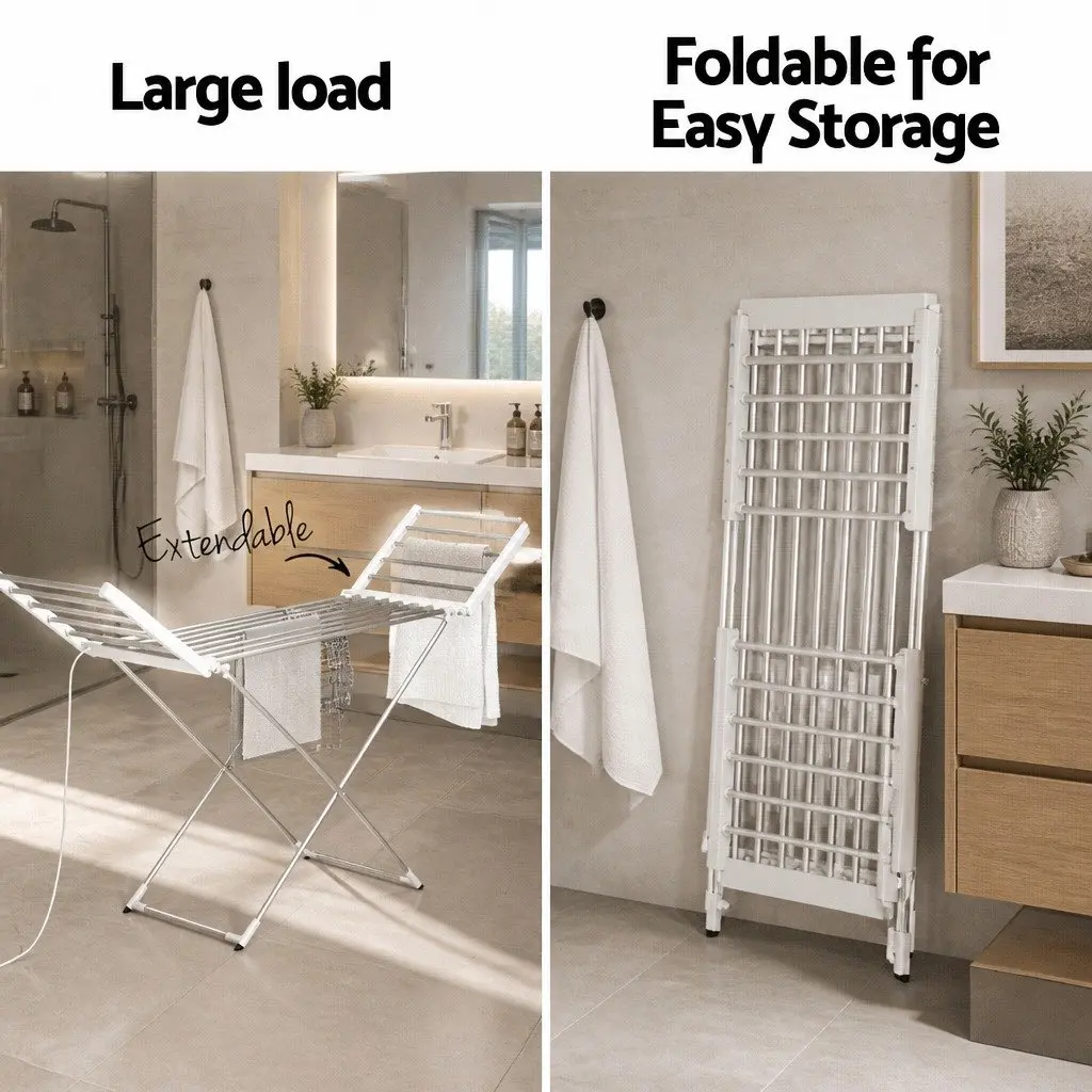 Electric Heated Towel Rail Rack Aluminum 18 Rods Silver Foldable Portable Clothes Drying Stand