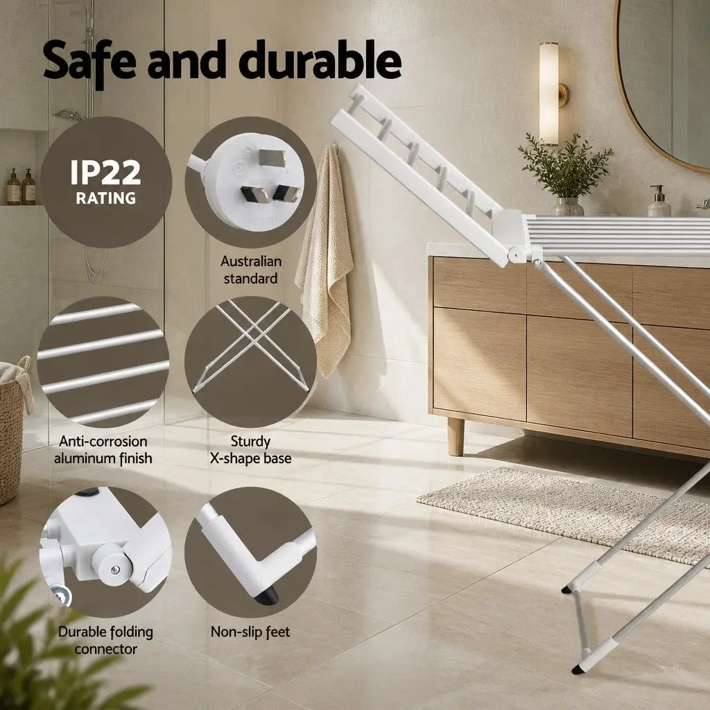 Electric Heated Towel Rail Rack Aluminum 18 Rods Silver Foldable Portable Clothes Drying Stand