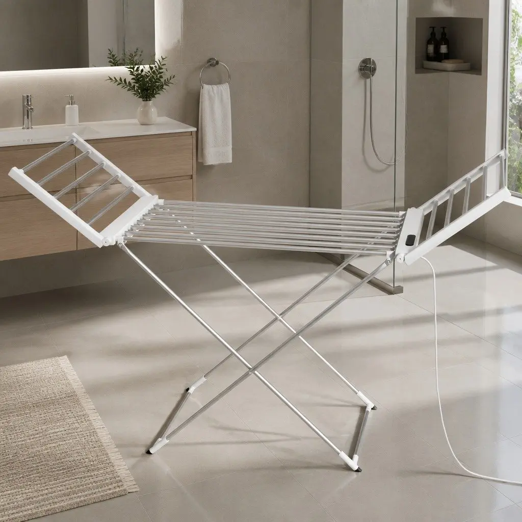 Electric Heated Towel Rail Rack Aluminum 18 Rods Silver Foldable Portable Clothes Drying Stand
