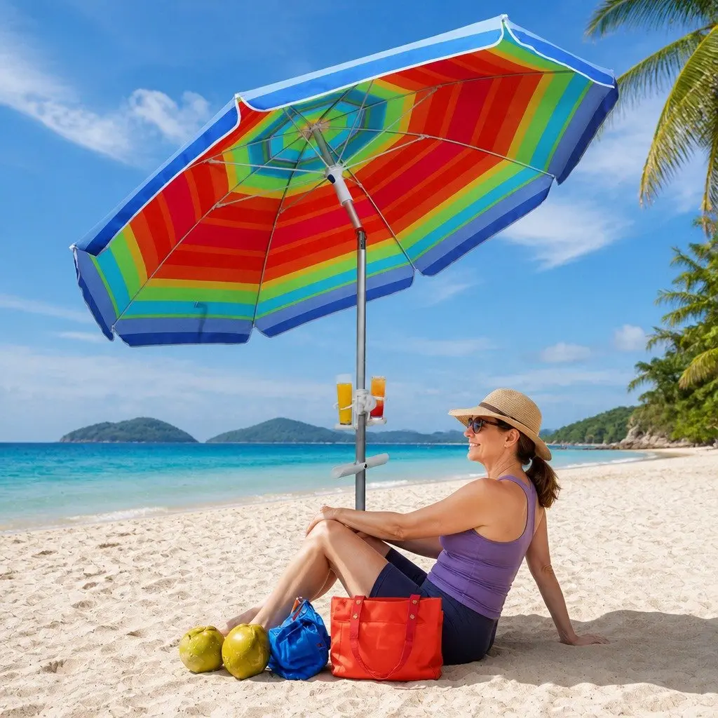 Beach Umbrella Portable UV Protection 2.2M Colorful Outdoor Shade with Sand Anchor