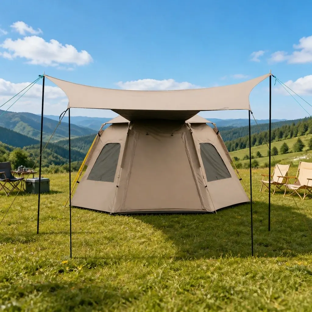 Pop Up Camping Tent 3-4 Person Waterproof 420D Oxford Cloth Beige