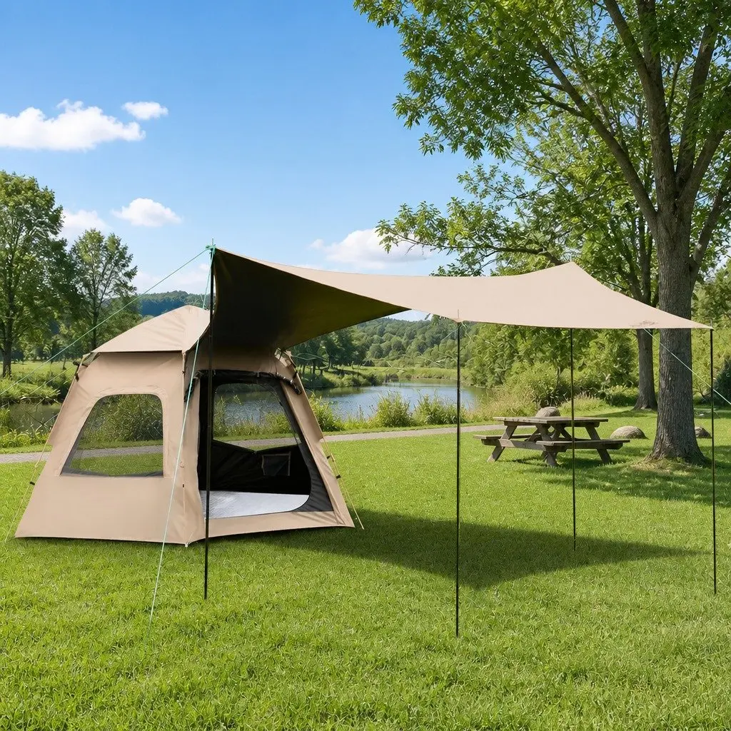 Pop Up Camping Tent 3-4 Person Waterproof 420D Oxford Cloth Beige