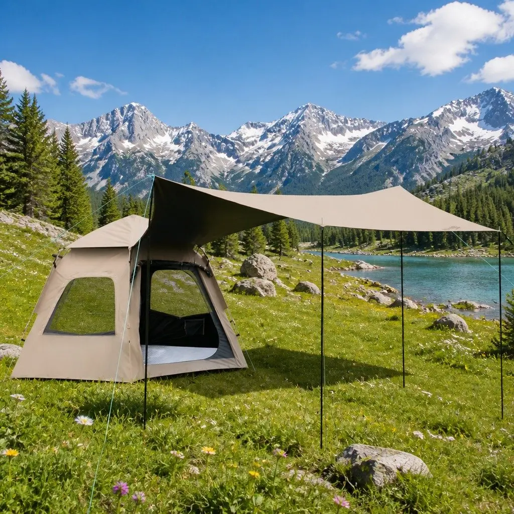 Pop Up Camping Tent 3-4 Person Waterproof 420D Oxford Cloth Beige