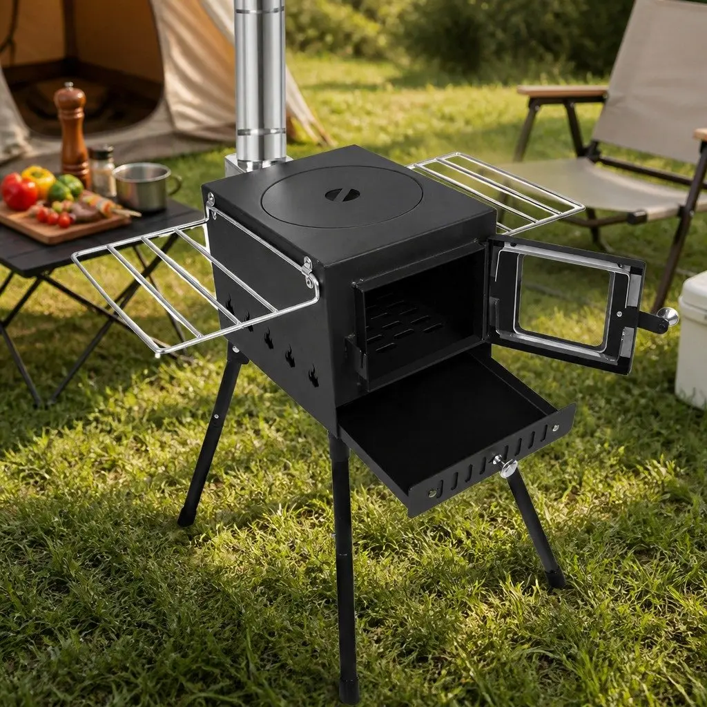 Portable Camping Oven Carbon Steel Black Foldable Legs