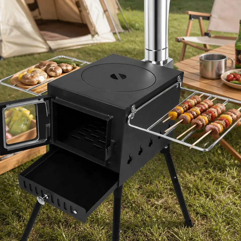 Portable Camping Oven Carbon Steel Black Foldable Legs