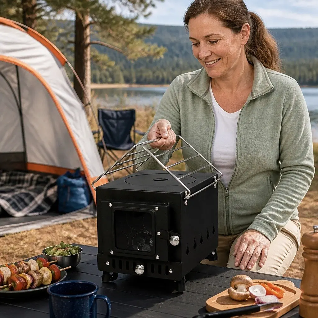 Portable Camping Oven Carbon Steel Black Foldable Legs
