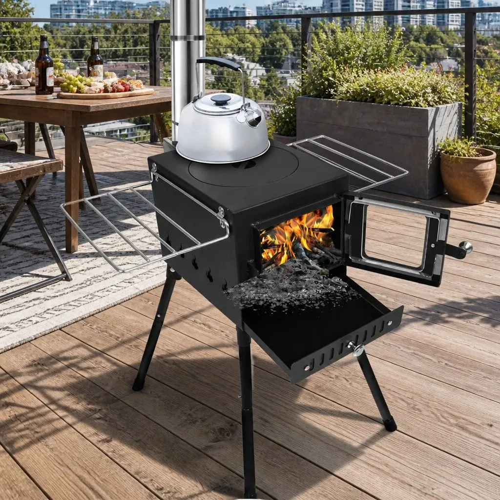 Portable Camping Oven Carbon Steel Black Foldable Legs