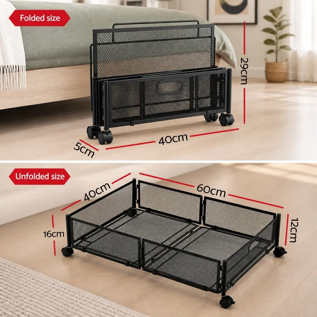 Under Bed Storage Containers Metal Boxes Set of 2 60cm x 40cm x 16cm Black