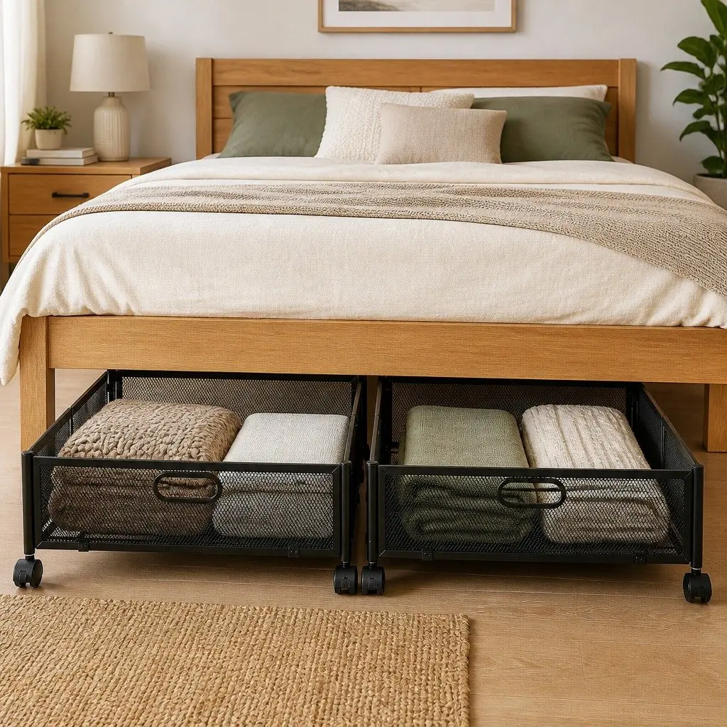 Under Bed Storage Containers Metal Boxes Set of 2 60cm x 40cm x 16cm Black