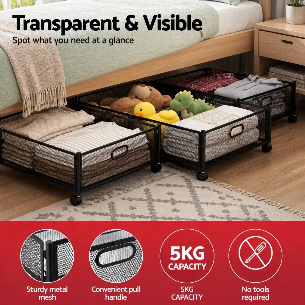 Under Bed Storage Containers Metal Boxes Set of 2 60cm x 40cm x 16cm Black
