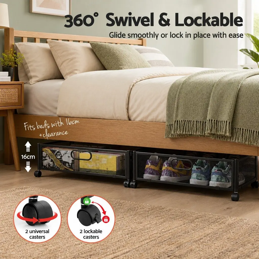 Under Bed Storage Containers Metal Boxes Set of 2 60cm x 40cm x 16cm Black