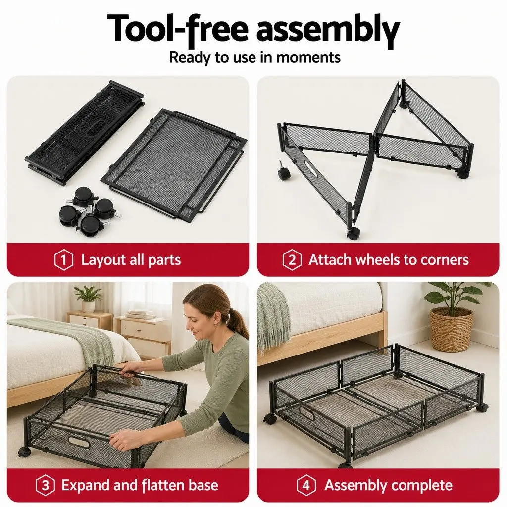 Under Bed Storage Containers Metal Boxes Set of 2 60cm x 40cm x 16cm Black