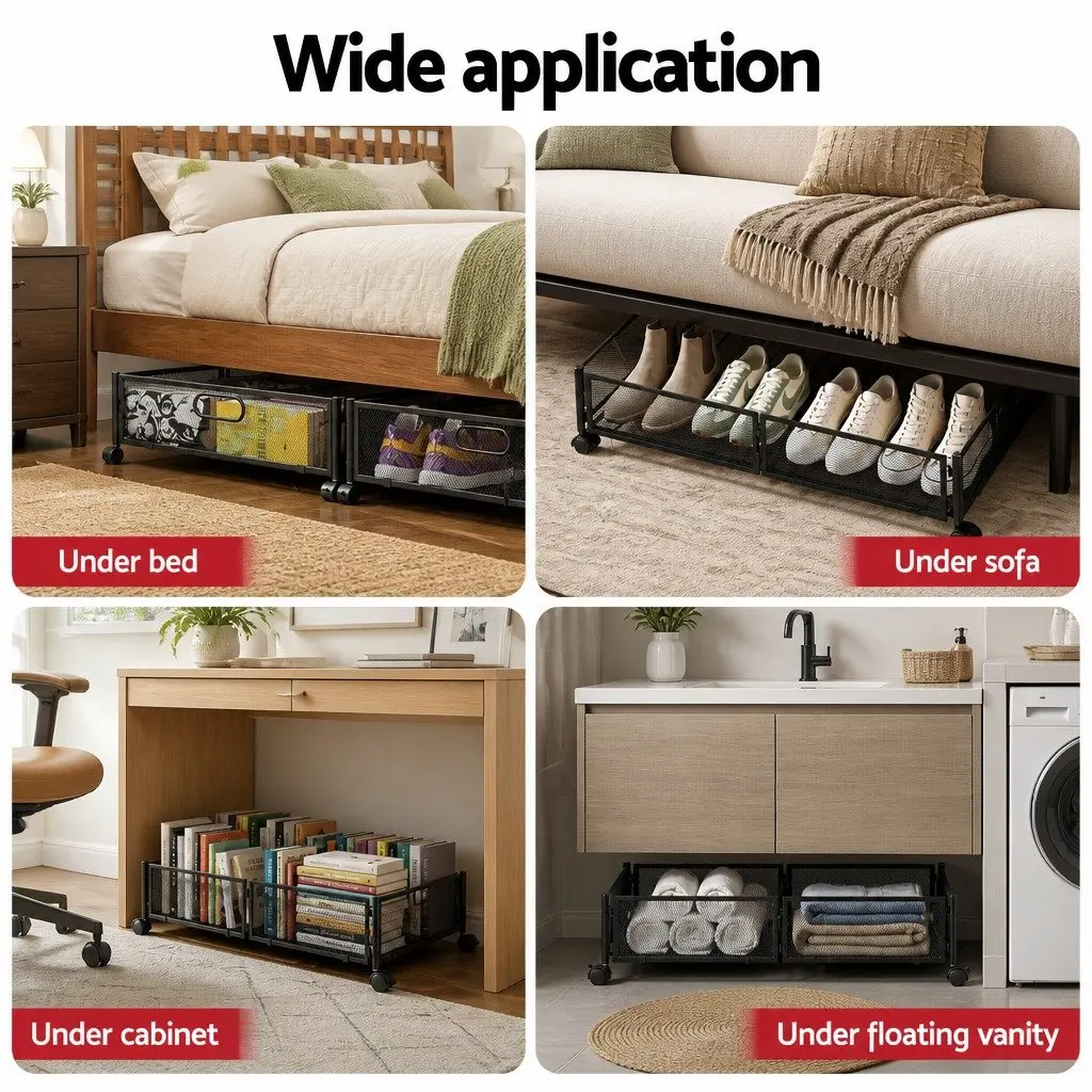 Under Bed Storage Containers Metal Boxes Set of 2 60cm x 40cm x 16cm Black