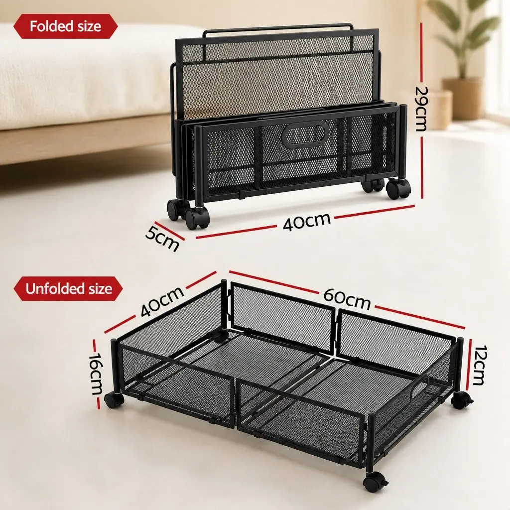 Under Bed Storage Containers Metal Frame Set of 4 Black 60cm x 40cm x 16cm with Wheels and Mesh Panels for Bedroom Organiser