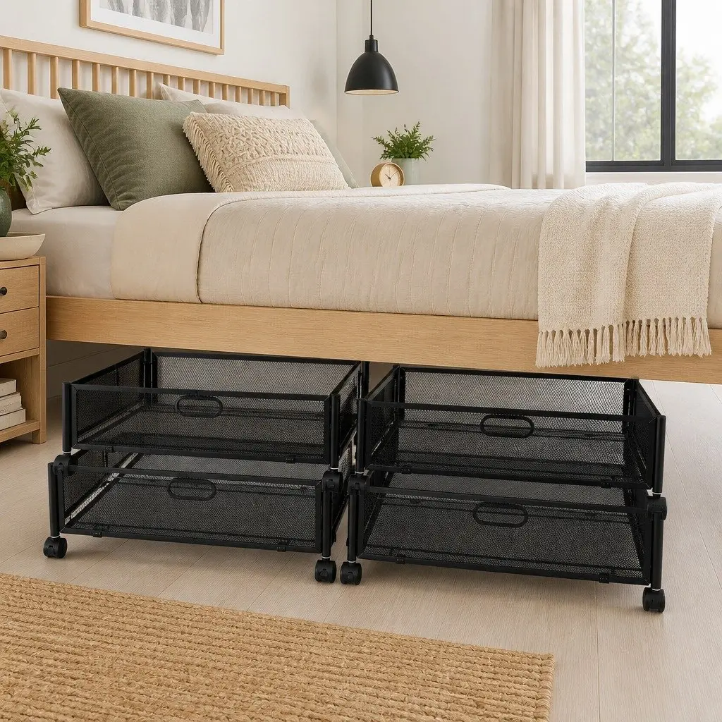 Under Bed Storage Containers Metal Frame Set of 4 Black 60cm x 40cm x 16cm with Wheels and Mesh Panels for Bedroom Organiser