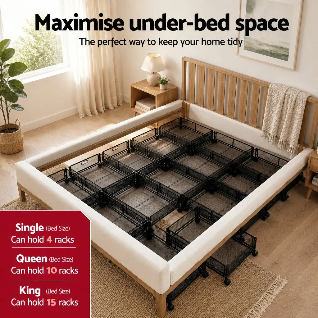 Under Bed Storage Containers Metal Frame Set of 4 Black 60cm x 40cm x 16cm with Wheels and Mesh Panels for Bedroom Organiser