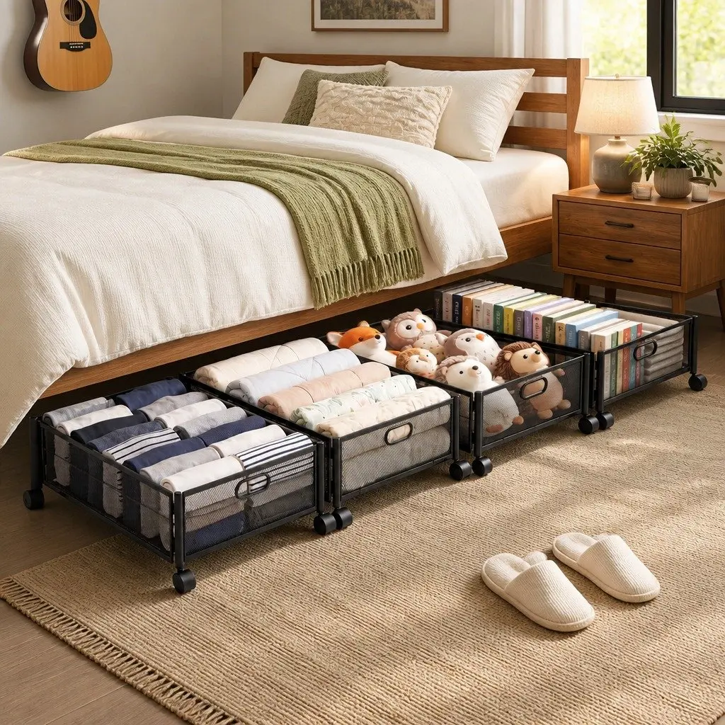 Under Bed Storage Containers Metal Frame Set of 4 Black 60cm x 40cm x 16cm with Wheels and Mesh Panels for Bedroom Organiser