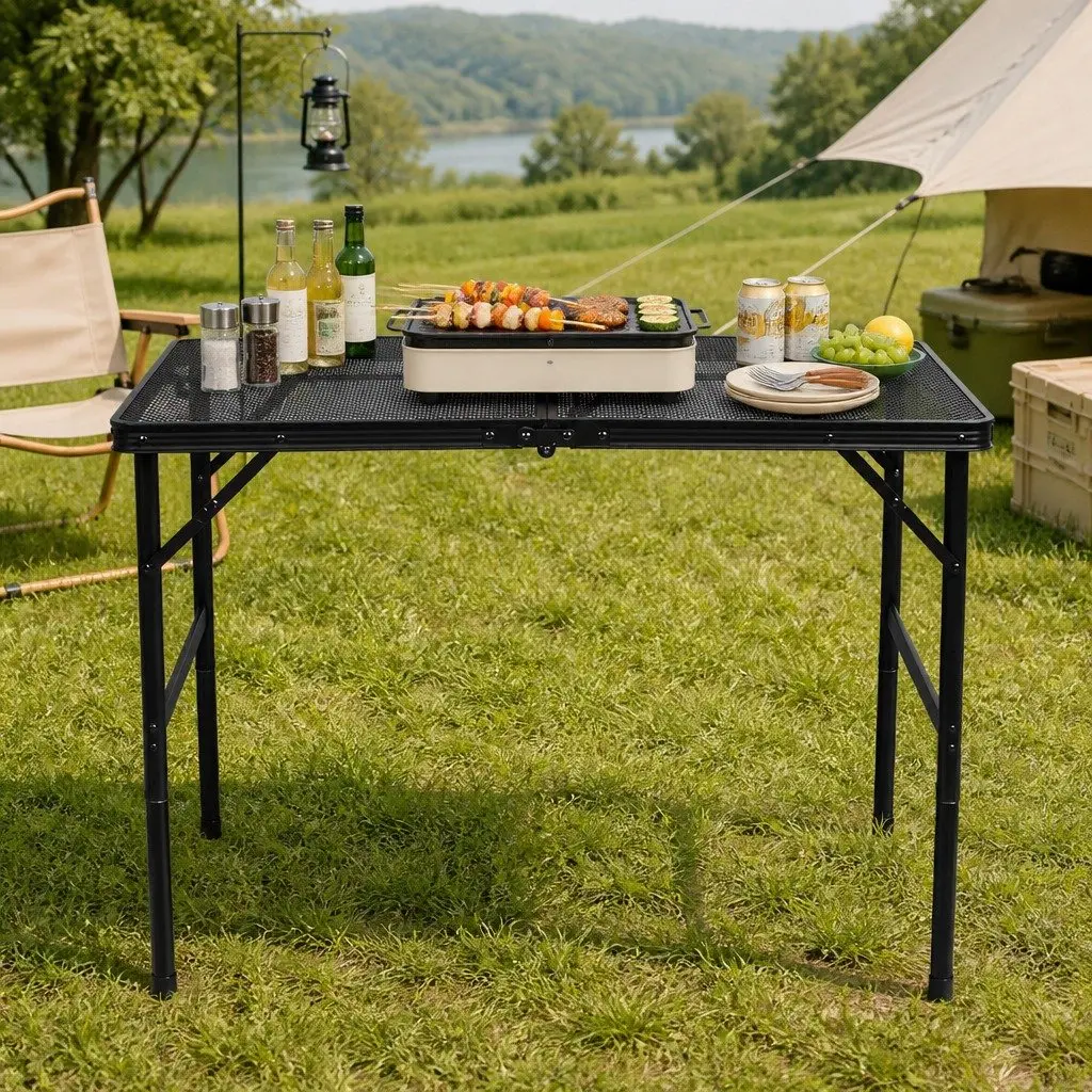 Folding Grill Table Aluminium Steel Mesh Portable Adjustable Height Black