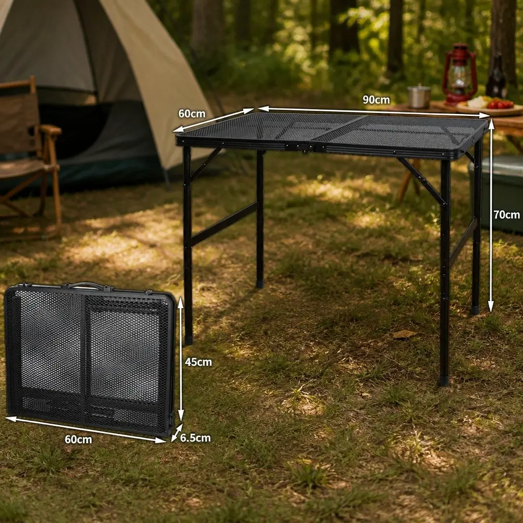 Folding Grill Table Aluminium Steel Mesh Portable Adjustable Height Black