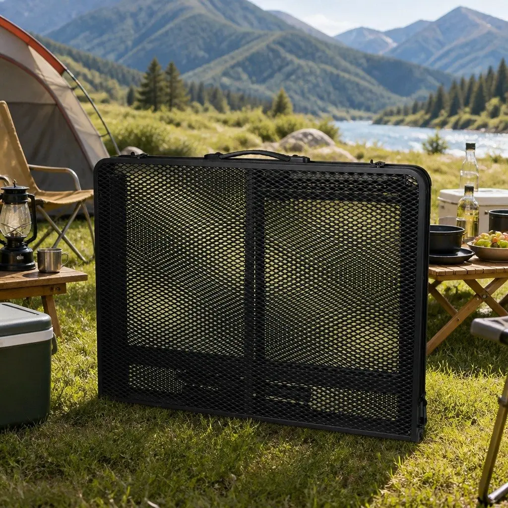 Folding Grill Table Aluminium Steel Mesh Portable Adjustable Height Black