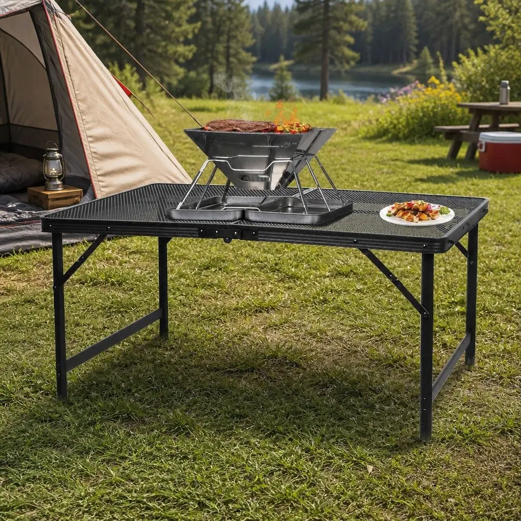 Folding Grill Table Aluminium Steel Mesh Portable Adjustable Height Black