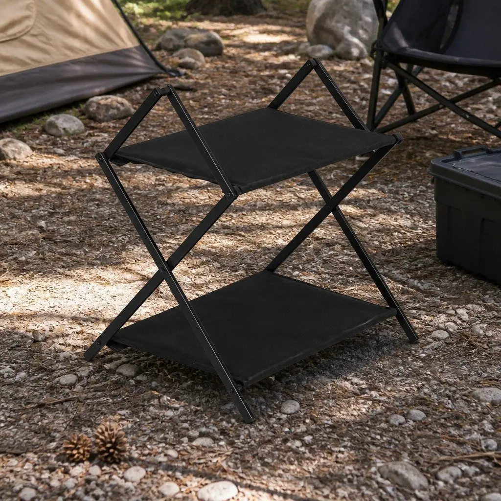 Foldable Camping Storage Shelves 2 Layer Aluminium Alloy Black with Hooks Portable Outdoor Kitchen