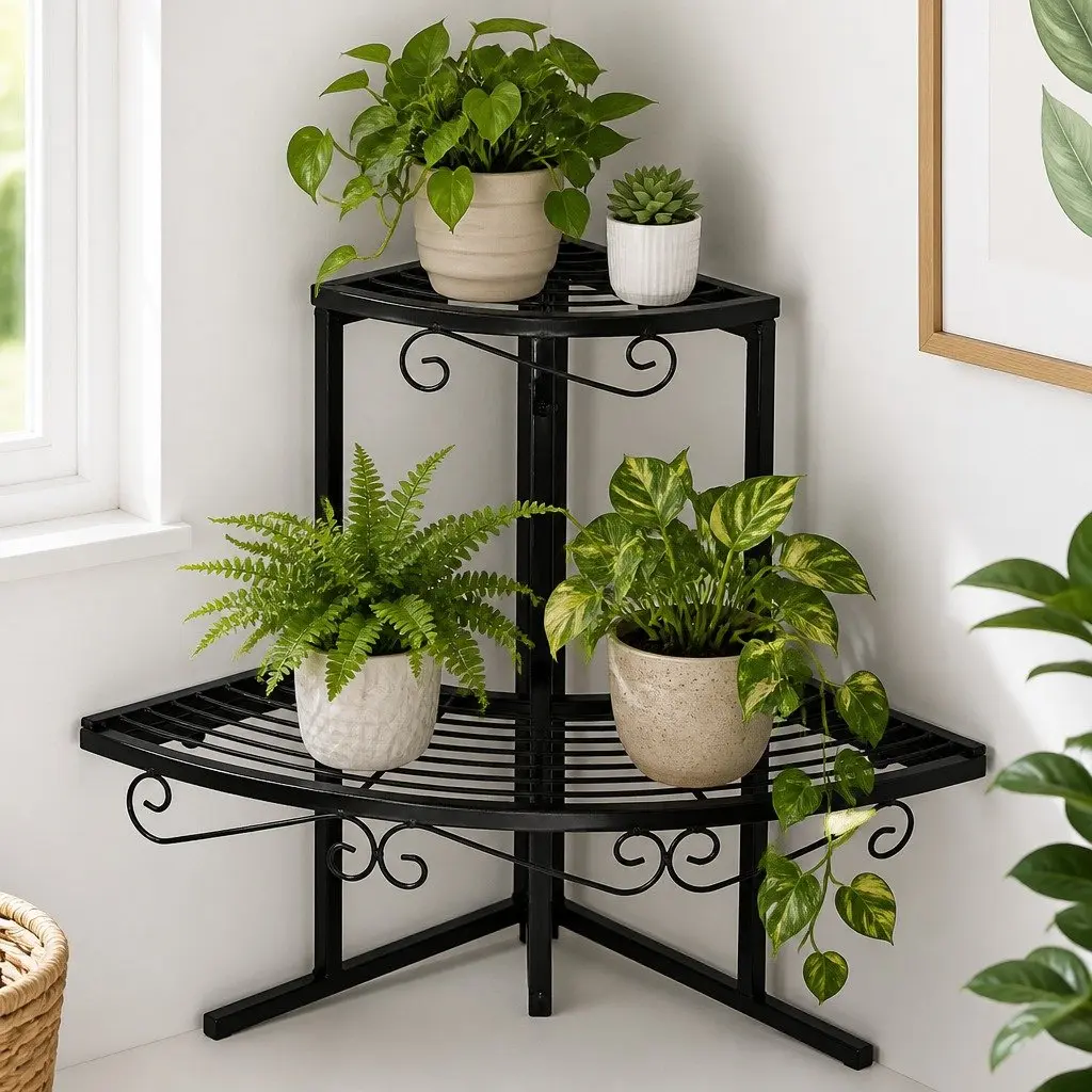 3-Tier Plant Stand Steel 84cm x 60cm x 60cm Black Indoor Outdoor Garden Flower Pot Display Shelf