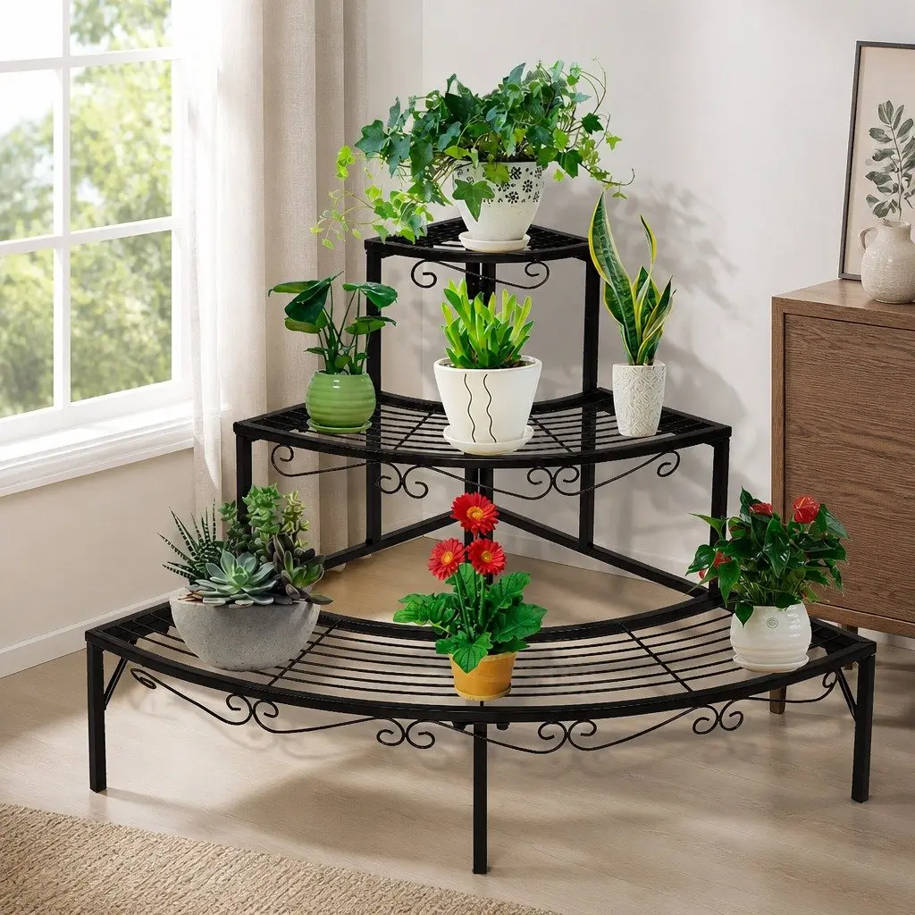 3-Tier Plant Stand Steel 84cm x 60cm x 60cm Black Indoor Outdoor Garden Flower Pot Display Shelf