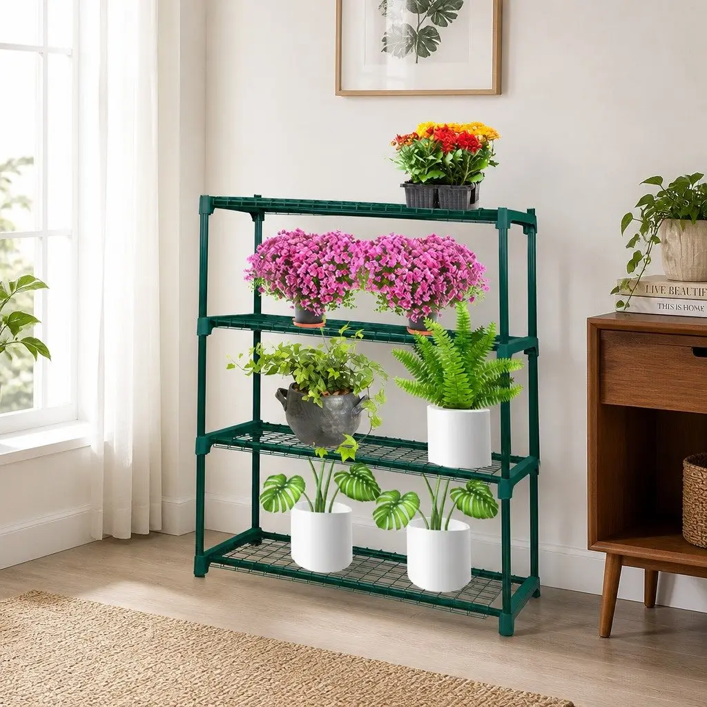 4 Tier Plant Stand Metal Shelves 90cm W x 31cm D x 106cm H Dark Green