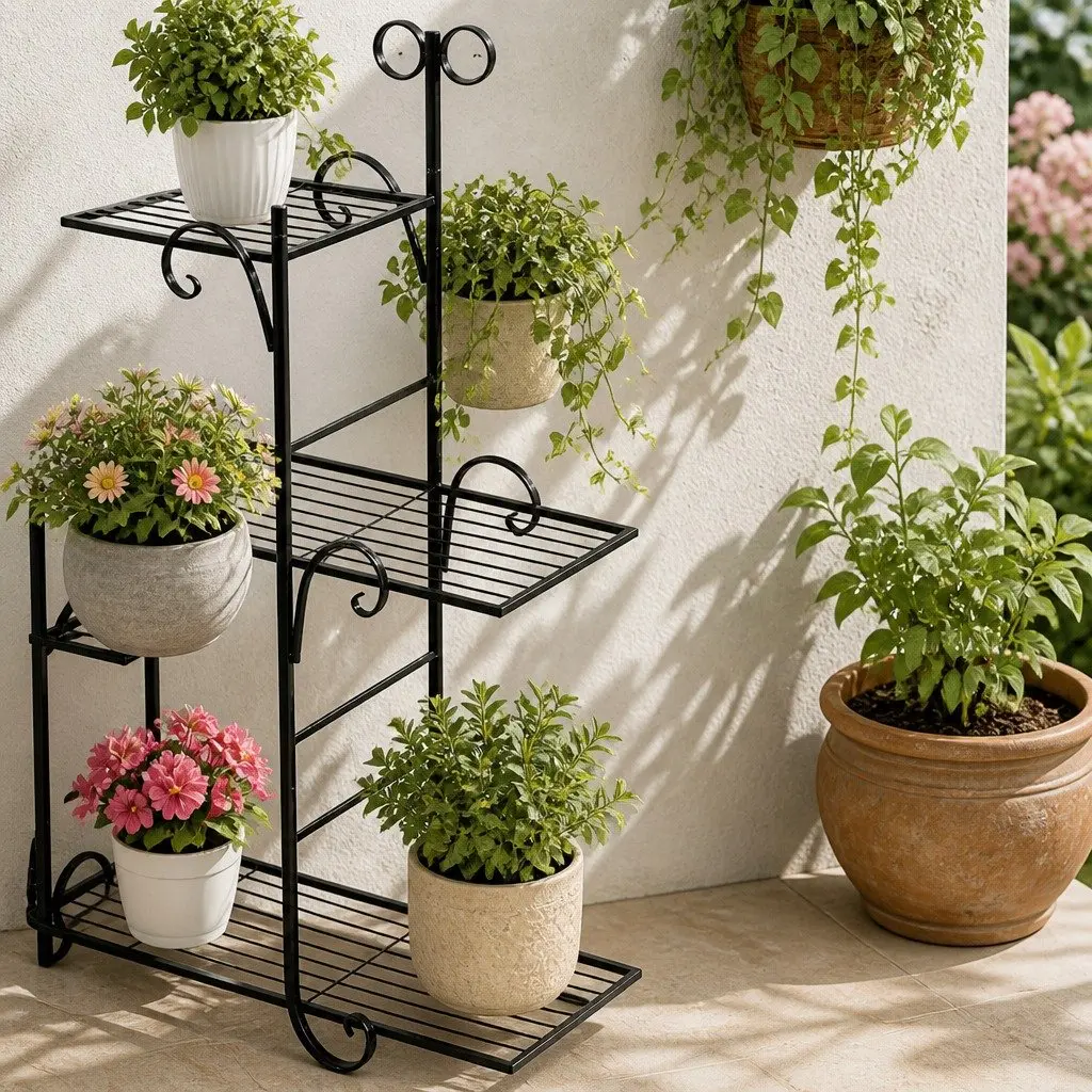 5 Tier Plant Stand Steel Black Indoor Outdoor Garden Flower Pot Display Shelves