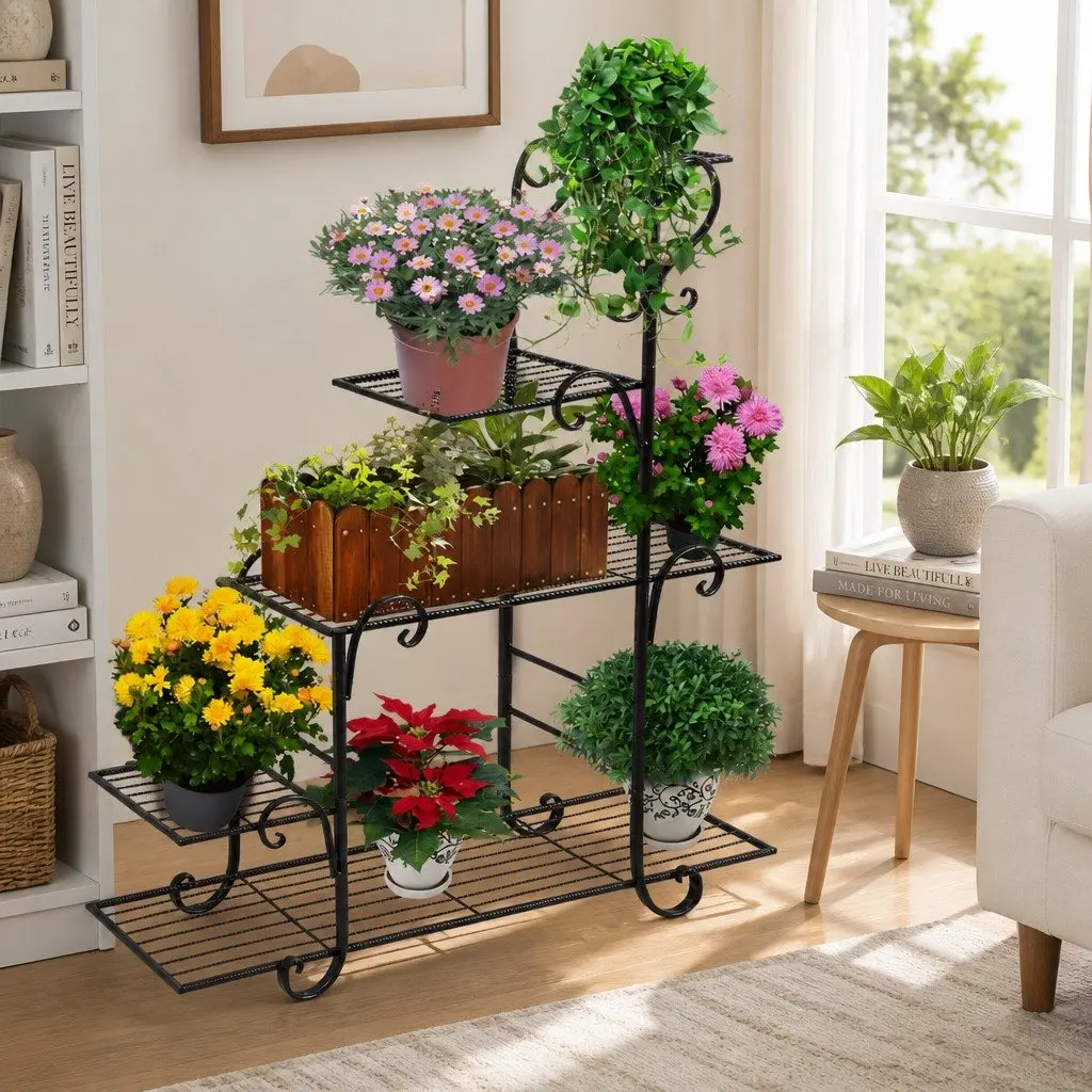 5 Tier Plant Stand Steel Black Indoor Outdoor Garden Flower Pot Display Shelves