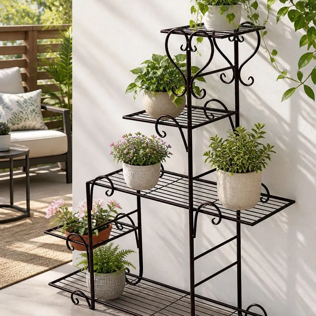 5 Tier Metal Plant Stand Steel Bronze Indoor Outdoor Garden Balcony Patio Flower Pot Shelf