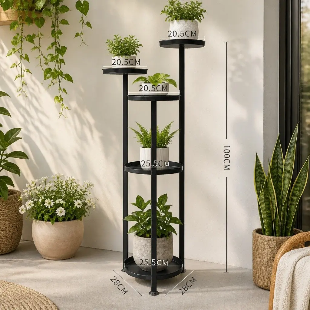 5 Tier Plant Stand Black Steel Frame Vertical Display Shelf Indoor Outdoor 28cm W x 28cm D x 100cm H