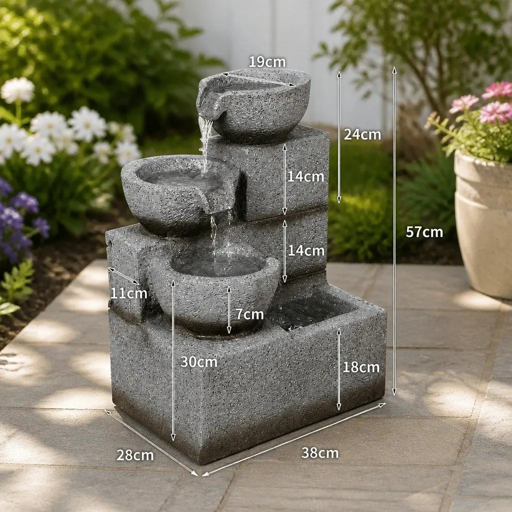 Electric Fountain Water Bird Bath Resin Sculpture 38cm x 28cm x 57cm Grey