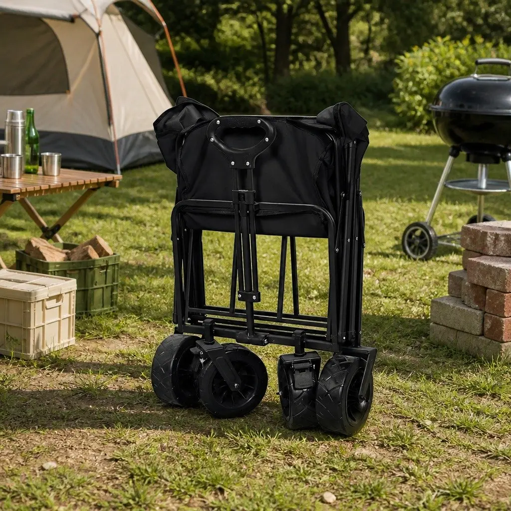 Garden Trolley Heavy Duty Steel Frame Foldable Wagon 90cm x 50cm x 60cm Black